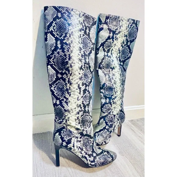 Marc Fisher LTD Black, White and Blue Snakeskin Embossed Leather Heel Boots- 7.5 - Picture 1 of 11